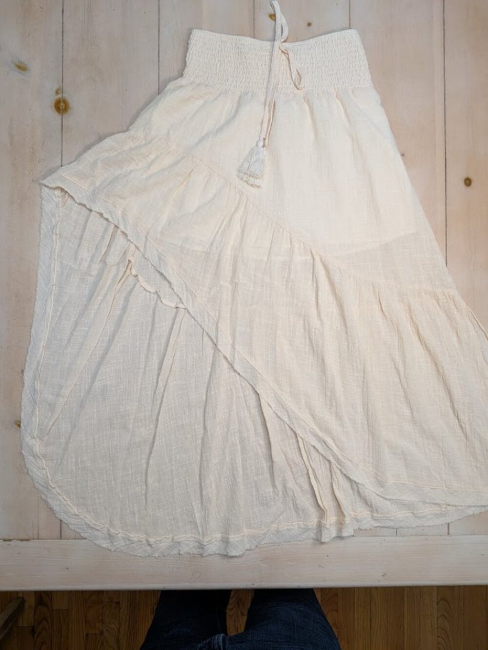 Boho Linen Viscose Tiered Maxi Skirt High Low Ruffle Cream Size S